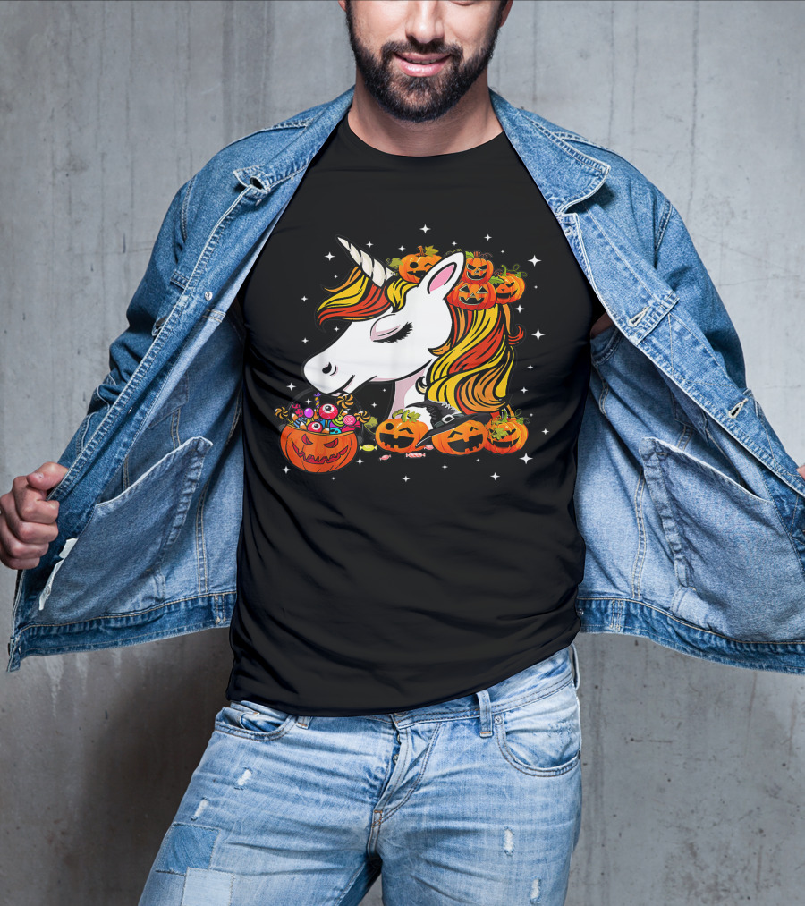 Candy Corn Unicorn Surrounded By Jack-O-Lanterns And Candy-Eyed Treats Halloween T-Shirt