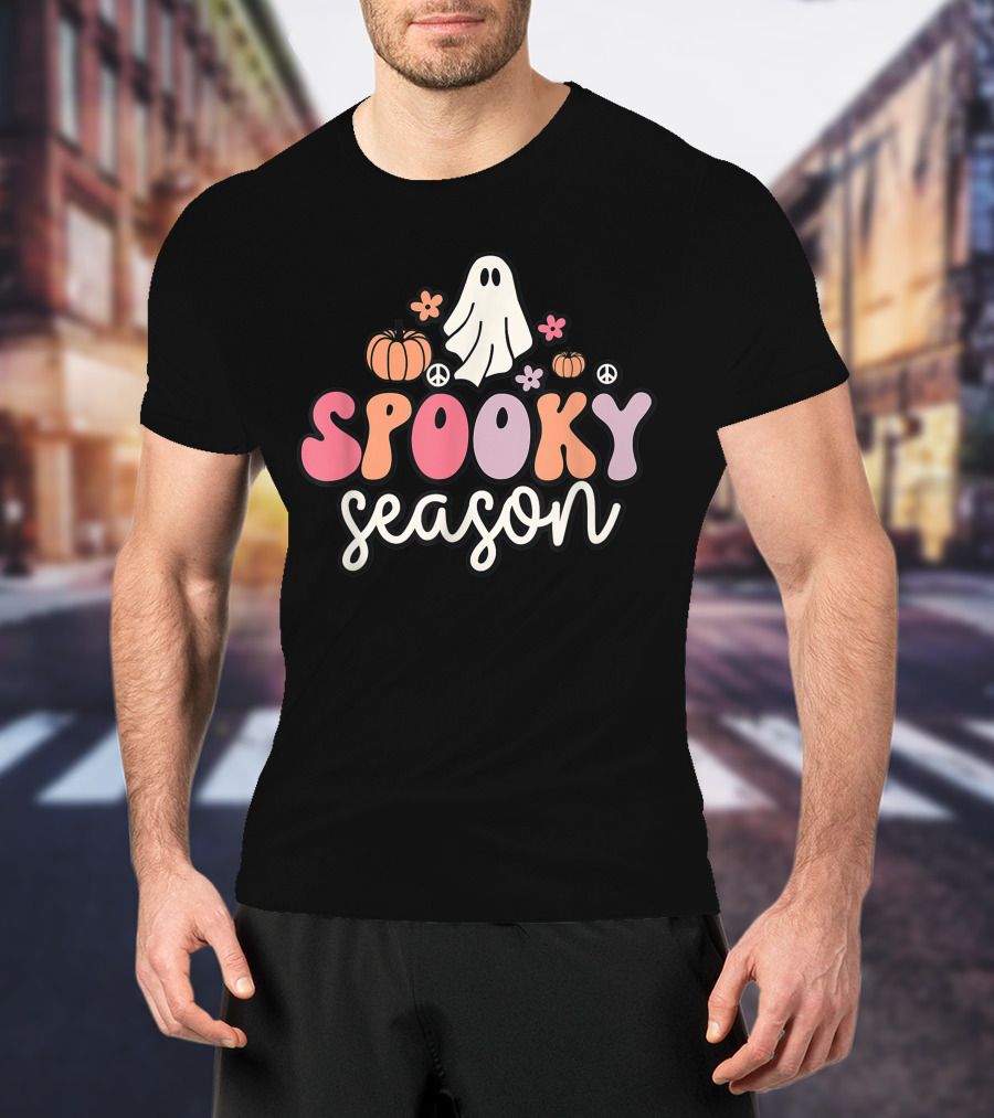 Groovy Ghost Spooky Season With Pumpkins Peace Flowers T-Shirt
