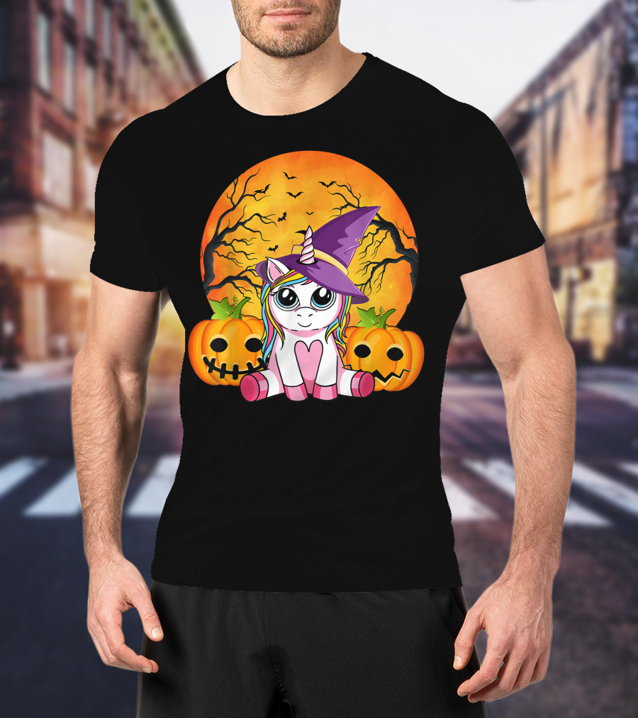 Witchy Unicorn Halloween With Pumpkins And Full Moon T-Shirt