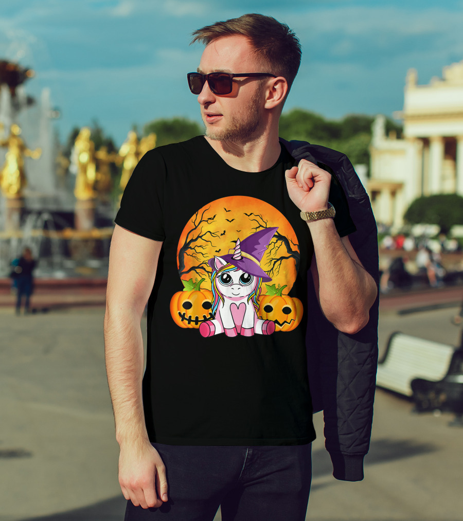 Witchy Unicorn Halloween With Pumpkins And Full Moon T-Shirt