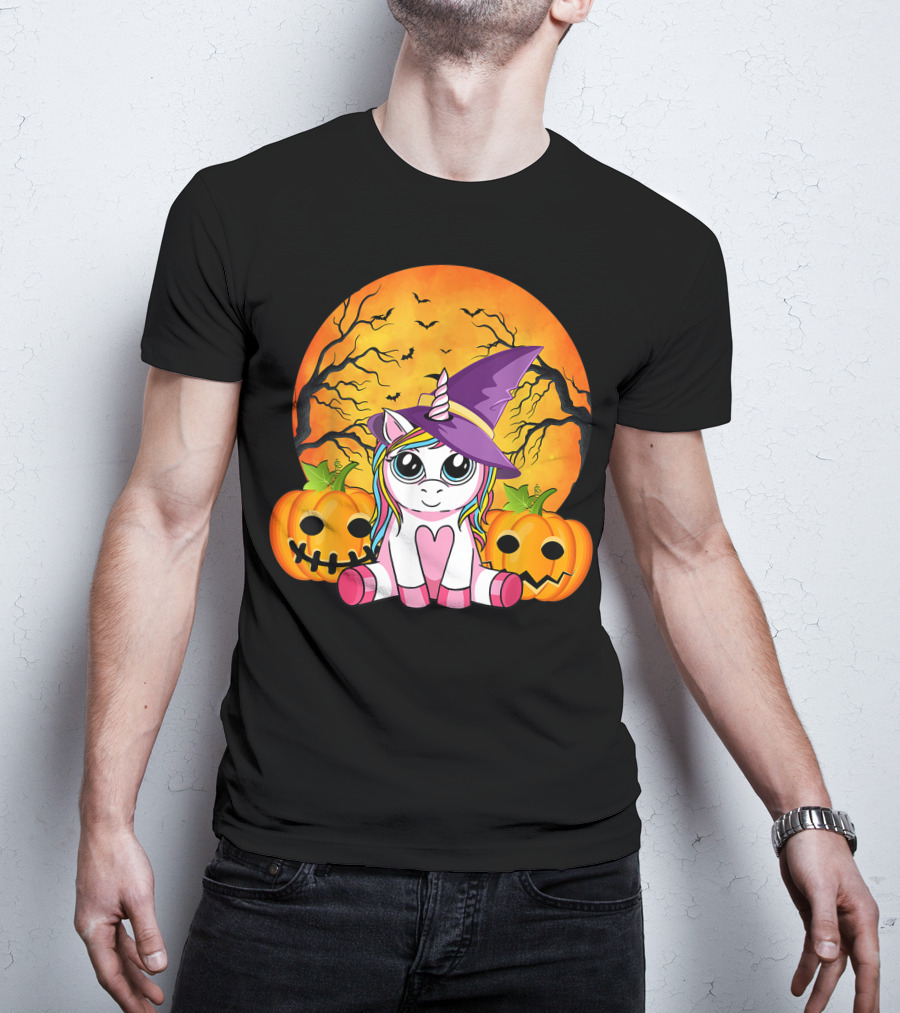 Witchy Unicorn Halloween With Pumpkins And Full Moon T-Shirt