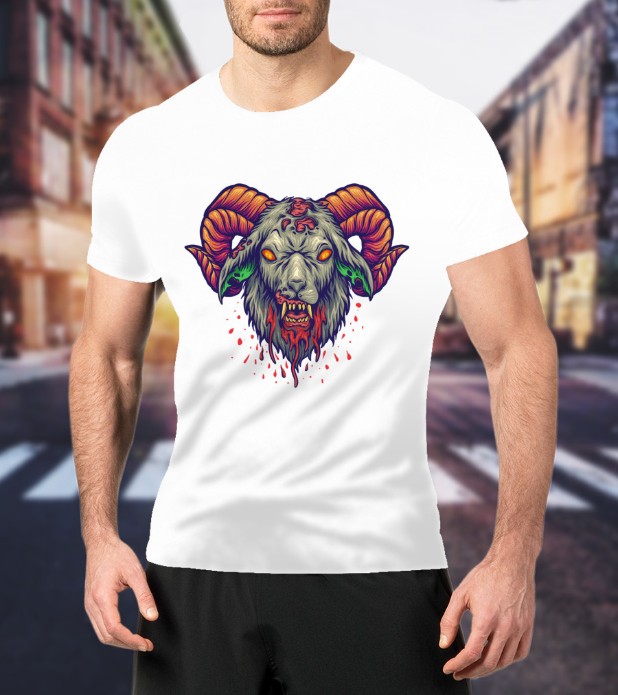 Devil Head Horn Gothic Goat With Blood Splatter And Evil Eyes T-Shirt