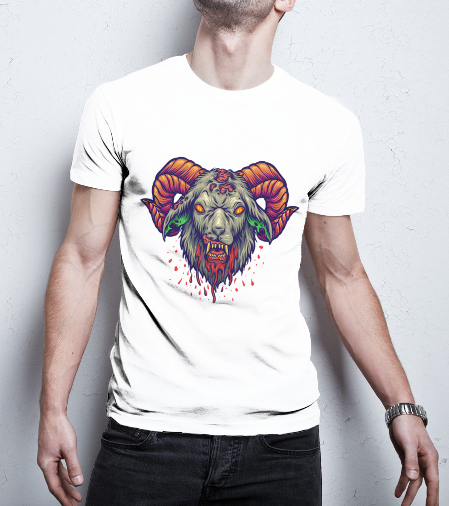 Devil Head Horn Gothic Goat With Blood Splatter And Evil Eyes T-Shirt