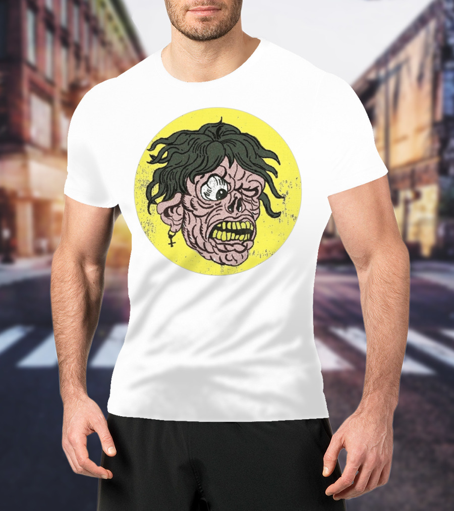 Rebel Zombie Grinning Undead Head With Cross Earring On Yellow Circle T-Shirt