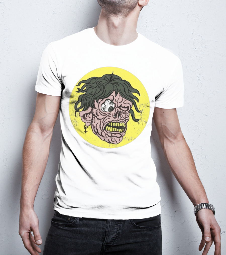 Rebel Zombie Grinning Undead Head With Cross Earring On Yellow Circle T-Shirt