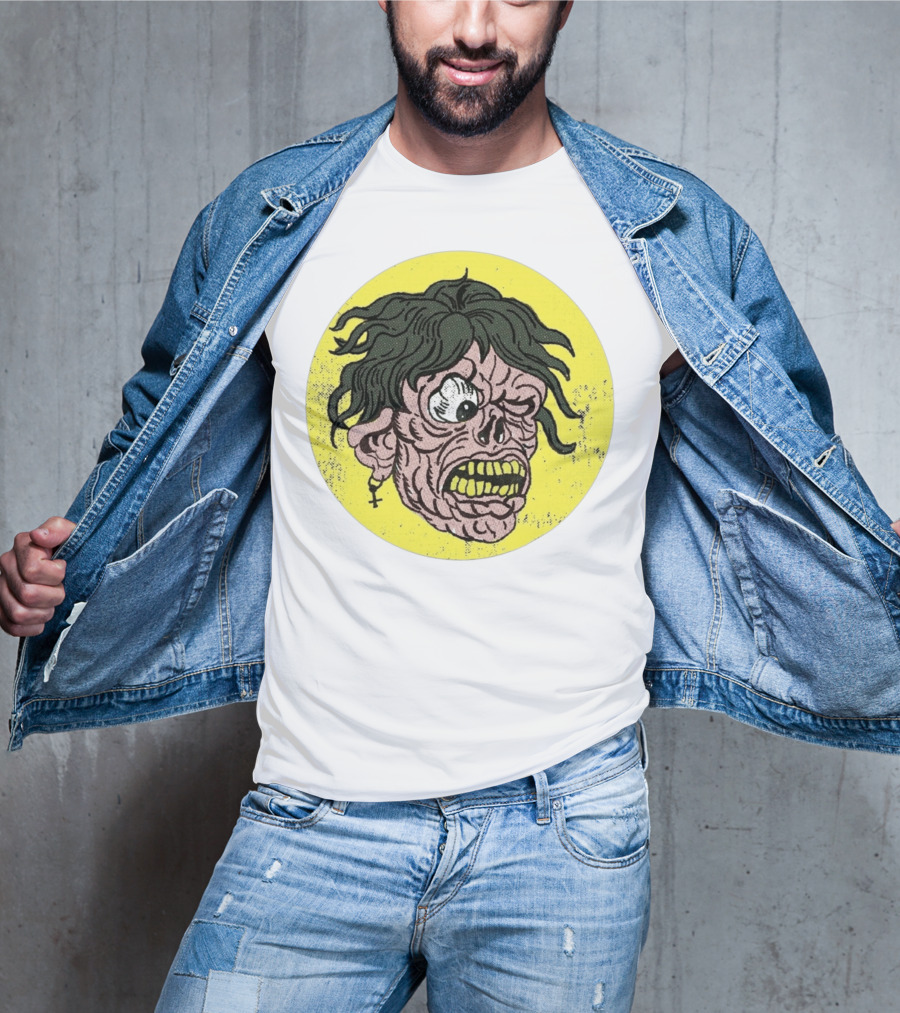 Rebel Zombie Grinning Undead Head With Cross Earring On Yellow Circle T-Shirt