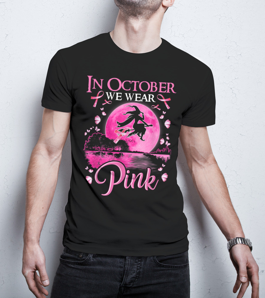 In October We Wear Pink Witch And Moon Breast Cancer Awareness T-Shirt