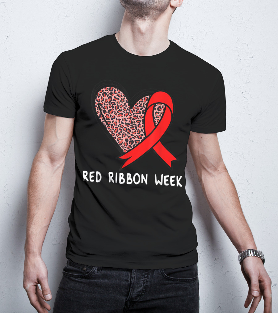 Red Ribbon Week Leopard Print Heart T-Shirt
