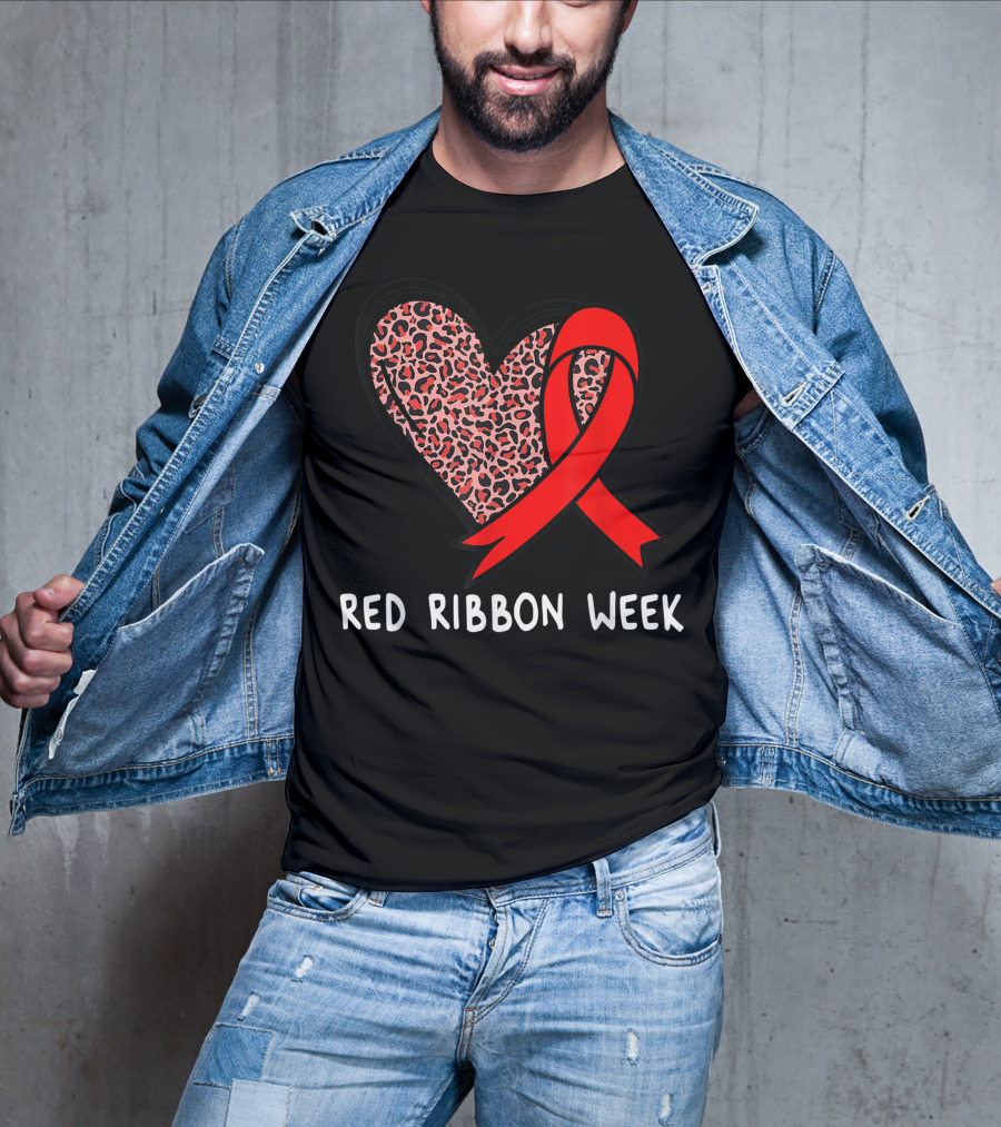 Red Ribbon Week Leopard Print Heart T-Shirt