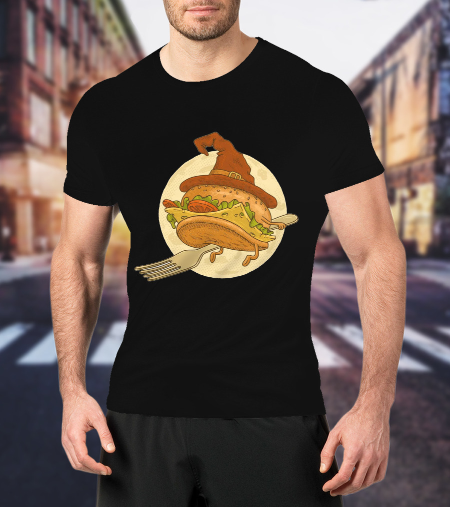 Hamburger With Witch Hat Riding A Fork In Front Of Full Moon T-Shirt