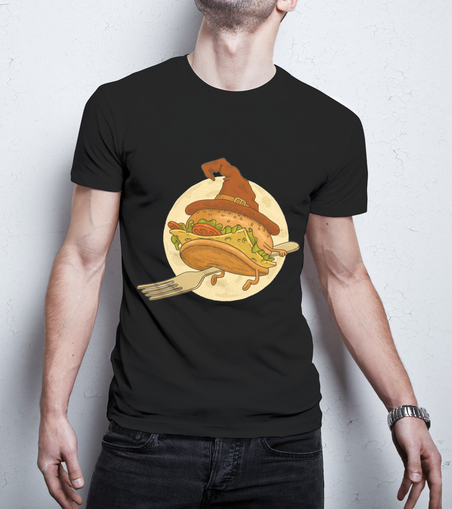 Hamburger With Witch Hat Riding A Fork In Front Of Full Moon T-Shirt