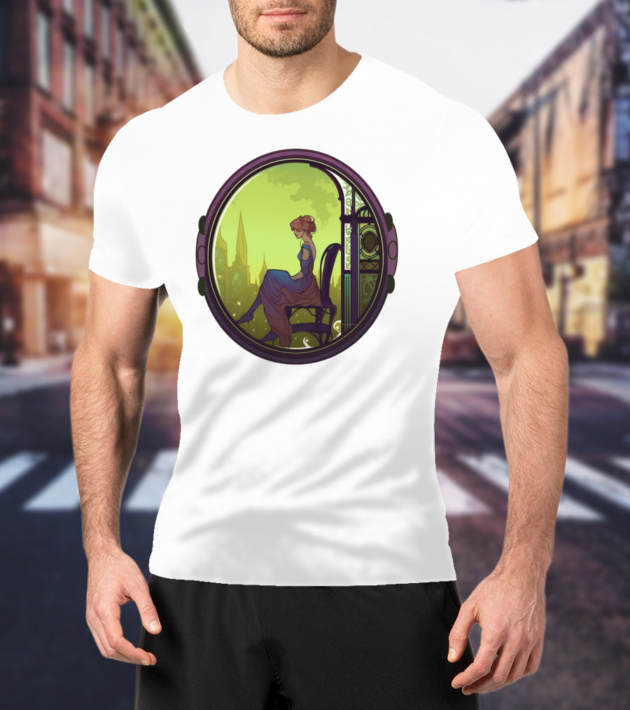 Mysterious Pensive Woman In Enchanted Gothic Cityscape T-Shirt