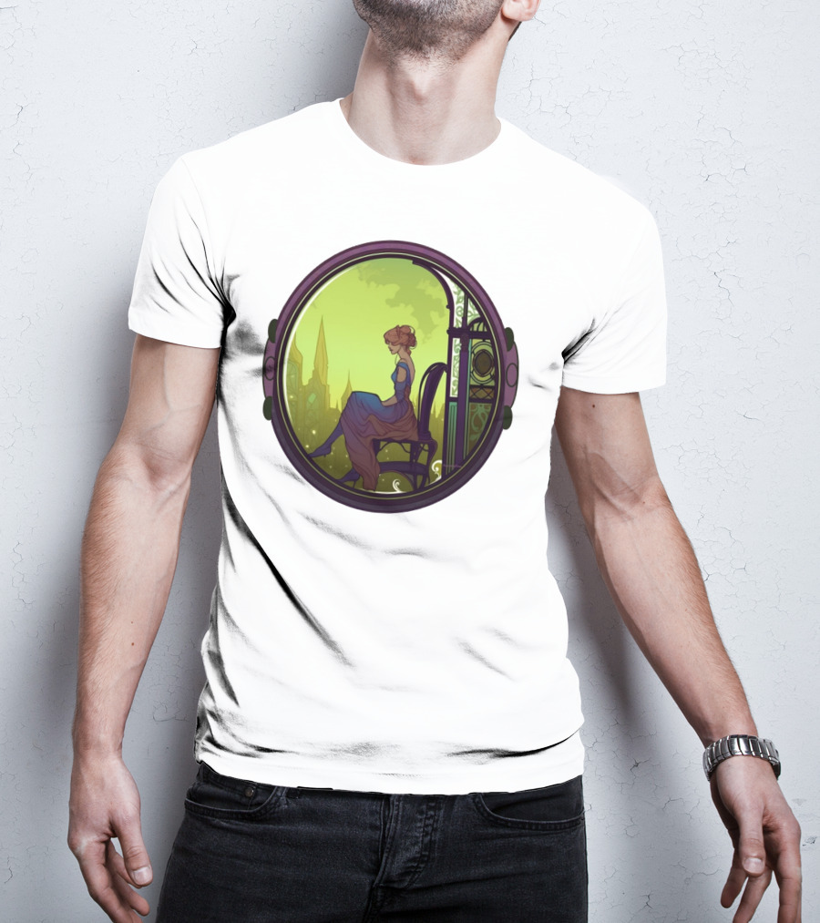 Mysterious Pensive Woman In Enchanted Gothic Cityscape T-Shirt