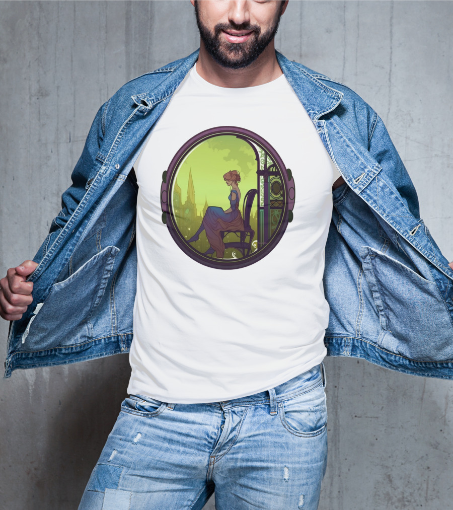 Mysterious Pensive Woman In Enchanted Gothic Cityscape T-Shirt