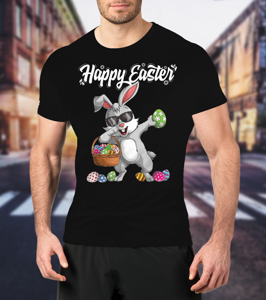 Happy Easter Dabbing Rabbit With Basket And Eggs T-Shirt