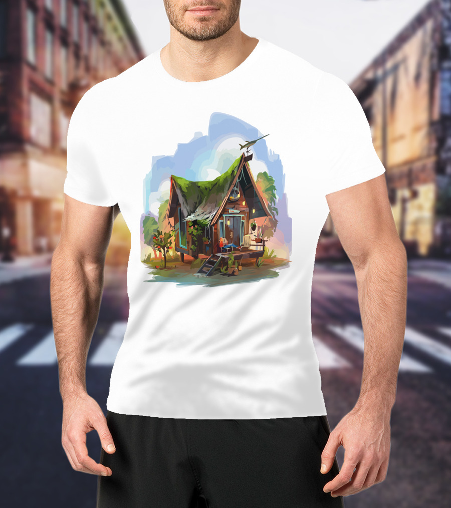 Dream House With Grass Roof And Airplane Sky Scene T-Shirt