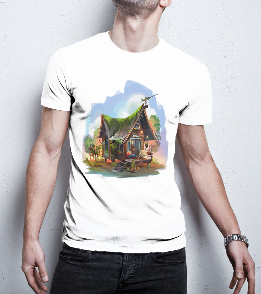 Dream House With Grass Roof And Airplane Sky Scene T-Shirt