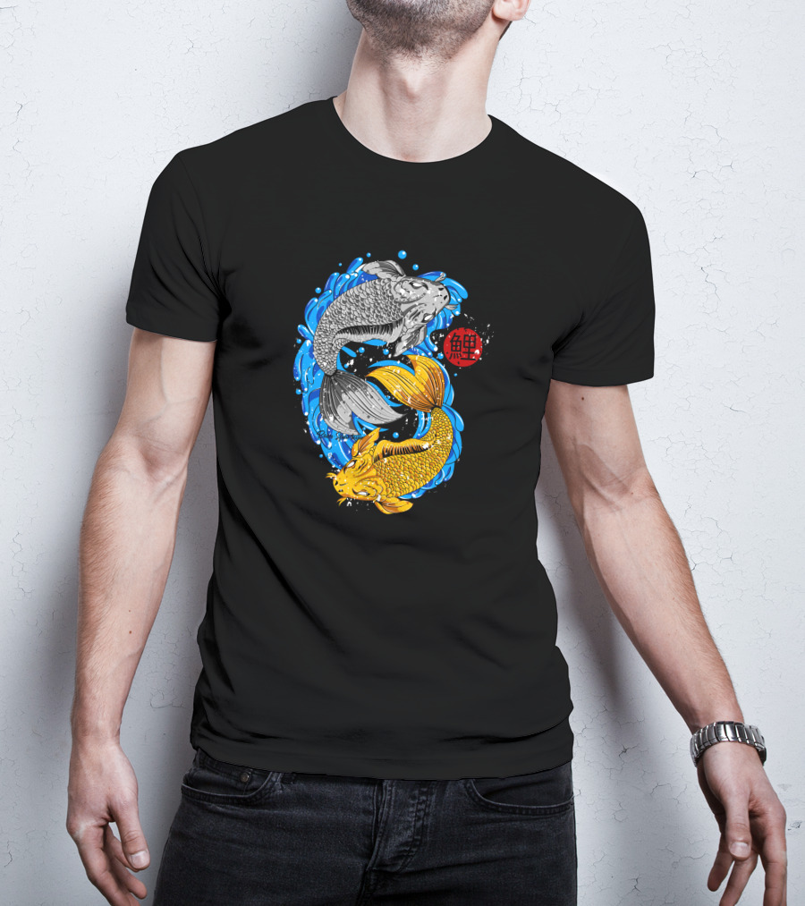 Koi Fish Yin Yang With Blue Water And Red Japanese T-Shirt
