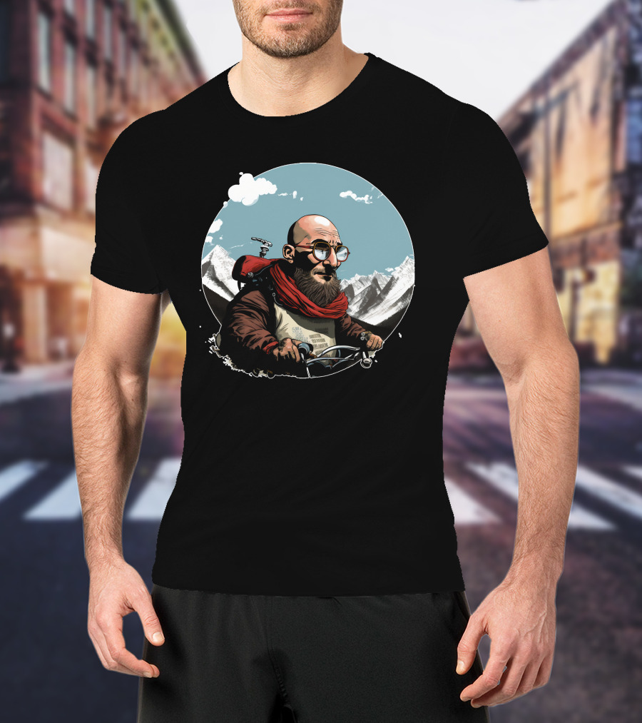 Bald Man On Motorcycle Through Mountain Landscape With Red Scarf And Glasses T-Shirt