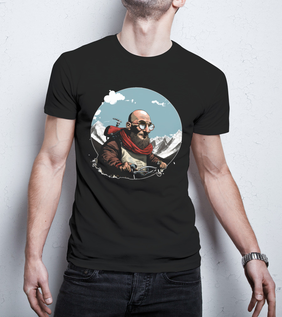 Bald Man On Motorcycle Through Mountain Landscape With Red Scarf And Glasses T-Shirt