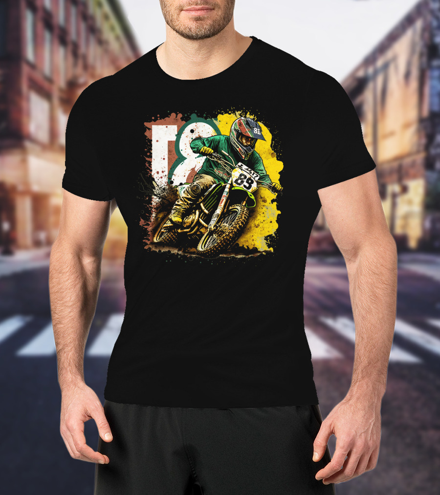 Motocross Racer Dynamic Action With Number 83 And Splatter Background T-Shirt