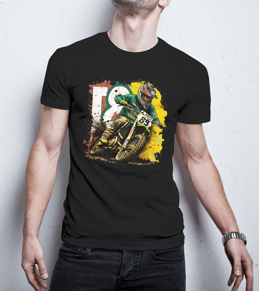 Motocross Racer Dynamic Action With Number 83 And Splatter Background T-Shirt
