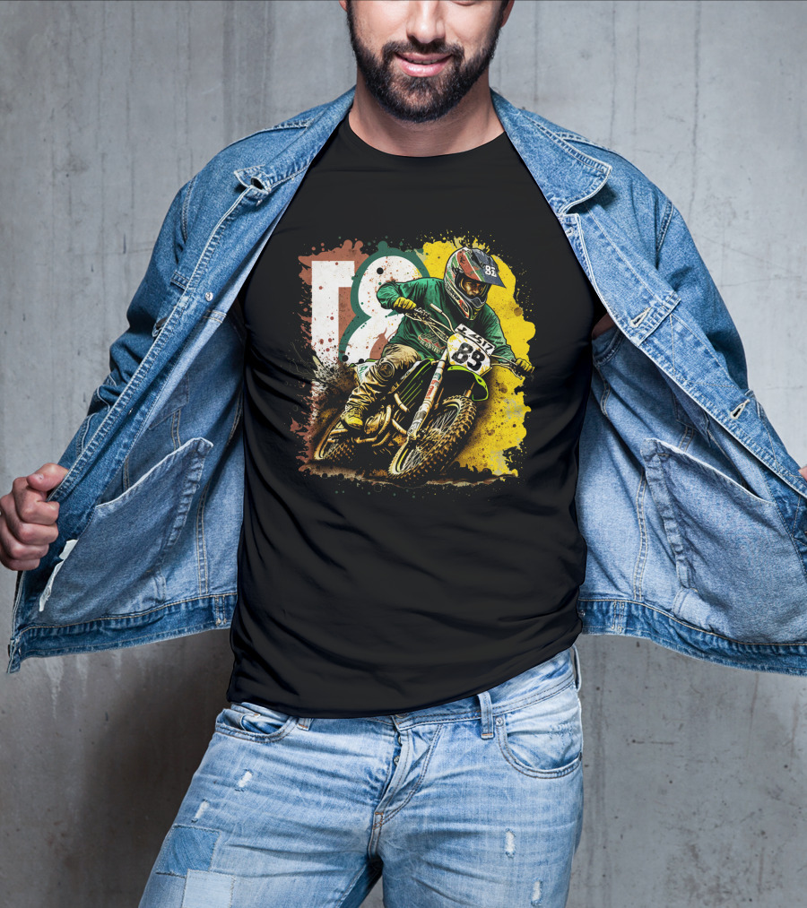 Motocross Racer Dynamic Action With Number 83 And Splatter Background T-Shirt