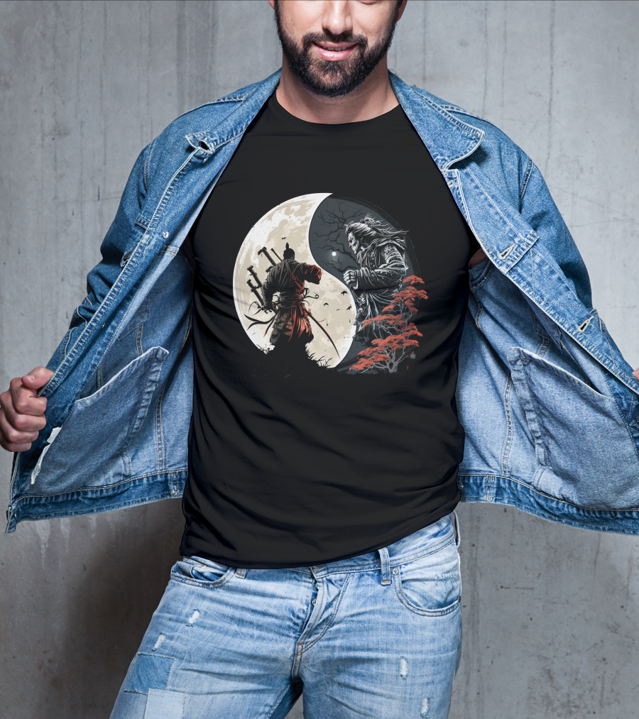 Crescent Moonlight Samurai Yin Yang Duality Forest T-Shirt
