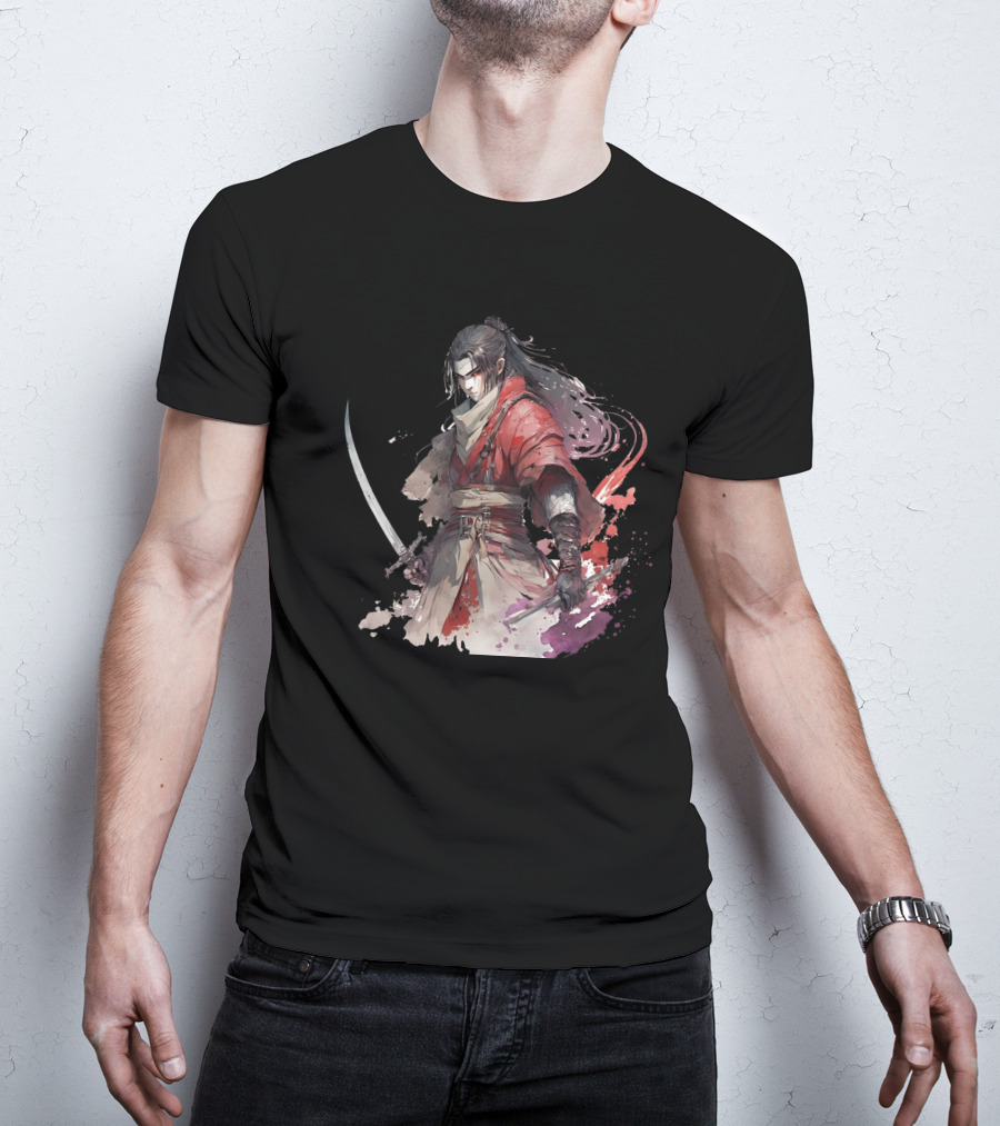Samurai Blade Warrior In Red Robes With Dual Katanas And Flowing Hair T-Shirt