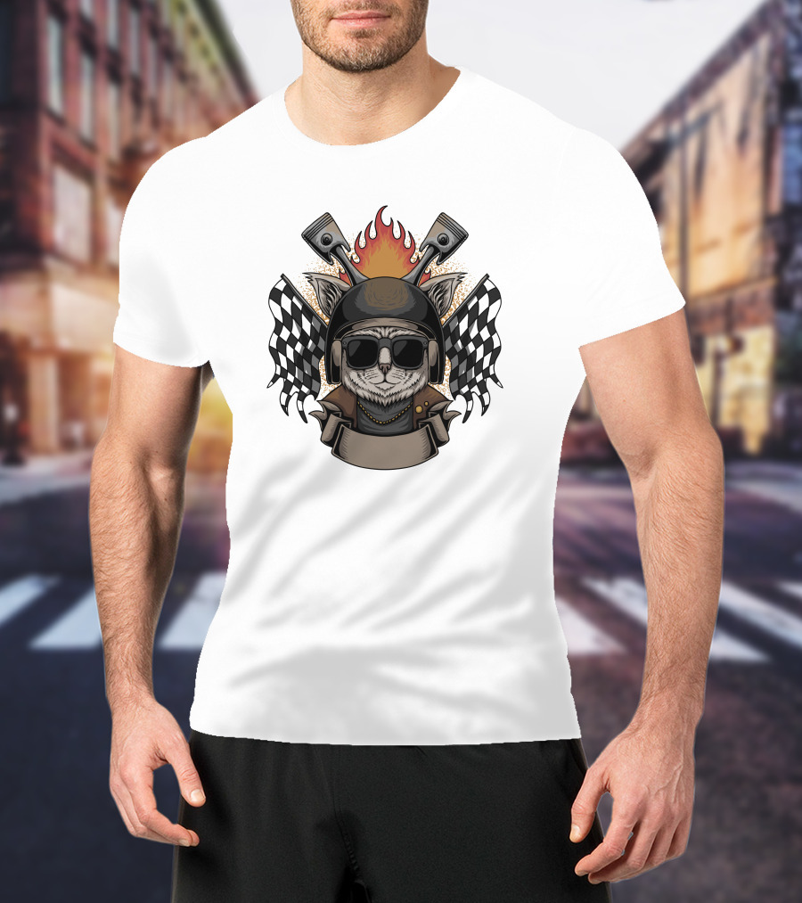 Cat Helmet Motorcycle Flames Checkered Flags Emblem T-Shirt