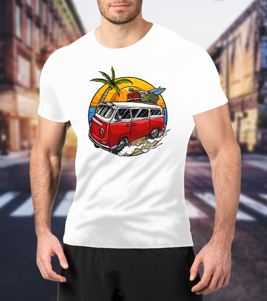 Holiday Vintage Car With Sunset Surfboard And Palm Tree Beach Scene T-Shirt