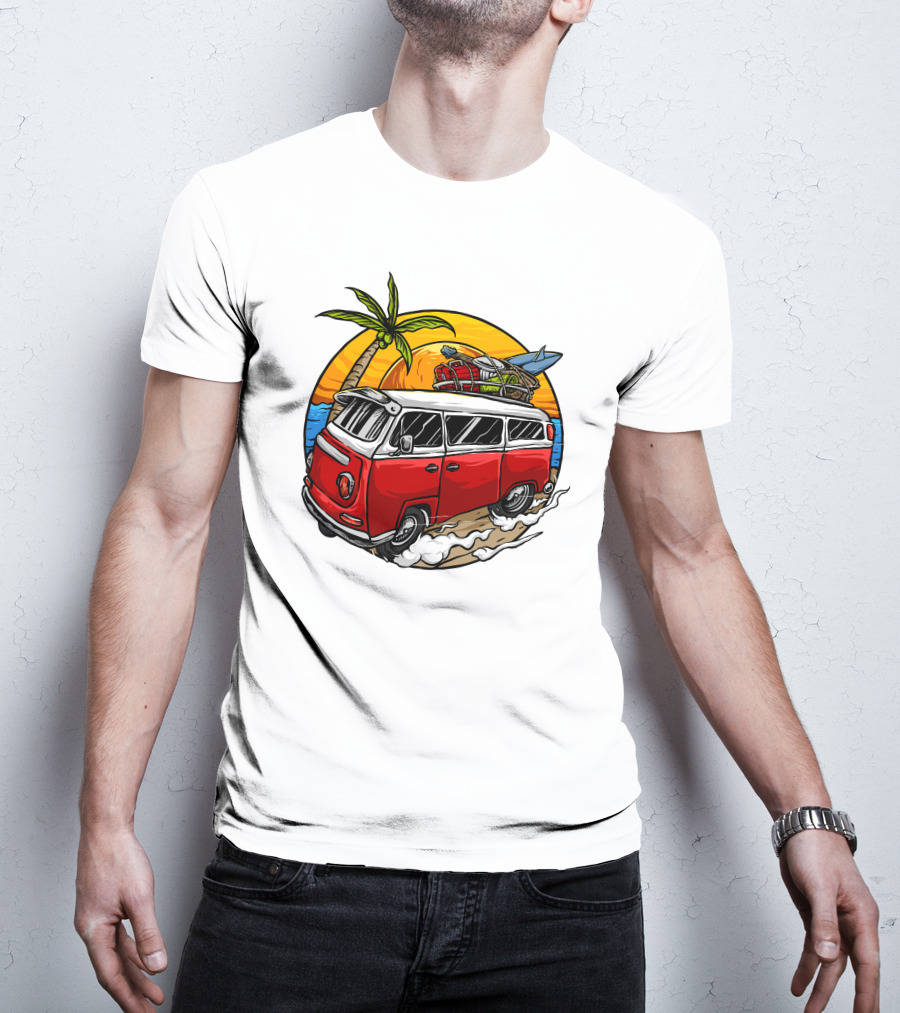 Holiday Vintage Car With Sunset Surfboard And Palm Tree Beach Scene T-Shirt