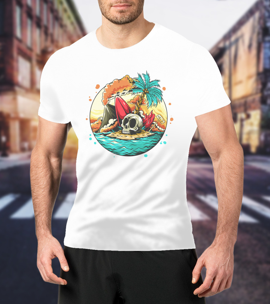 Summer Skull Island Paradise With Palm And Volcano T-Shirt