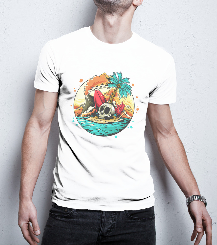 Summer Skull Island Paradise With Palm And Volcano T-Shirt