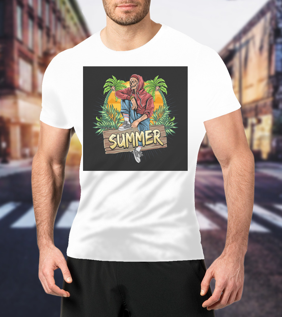 Skull Zombie Summer Tropical Vibes With Palm Trees And Sunset T-Shirt