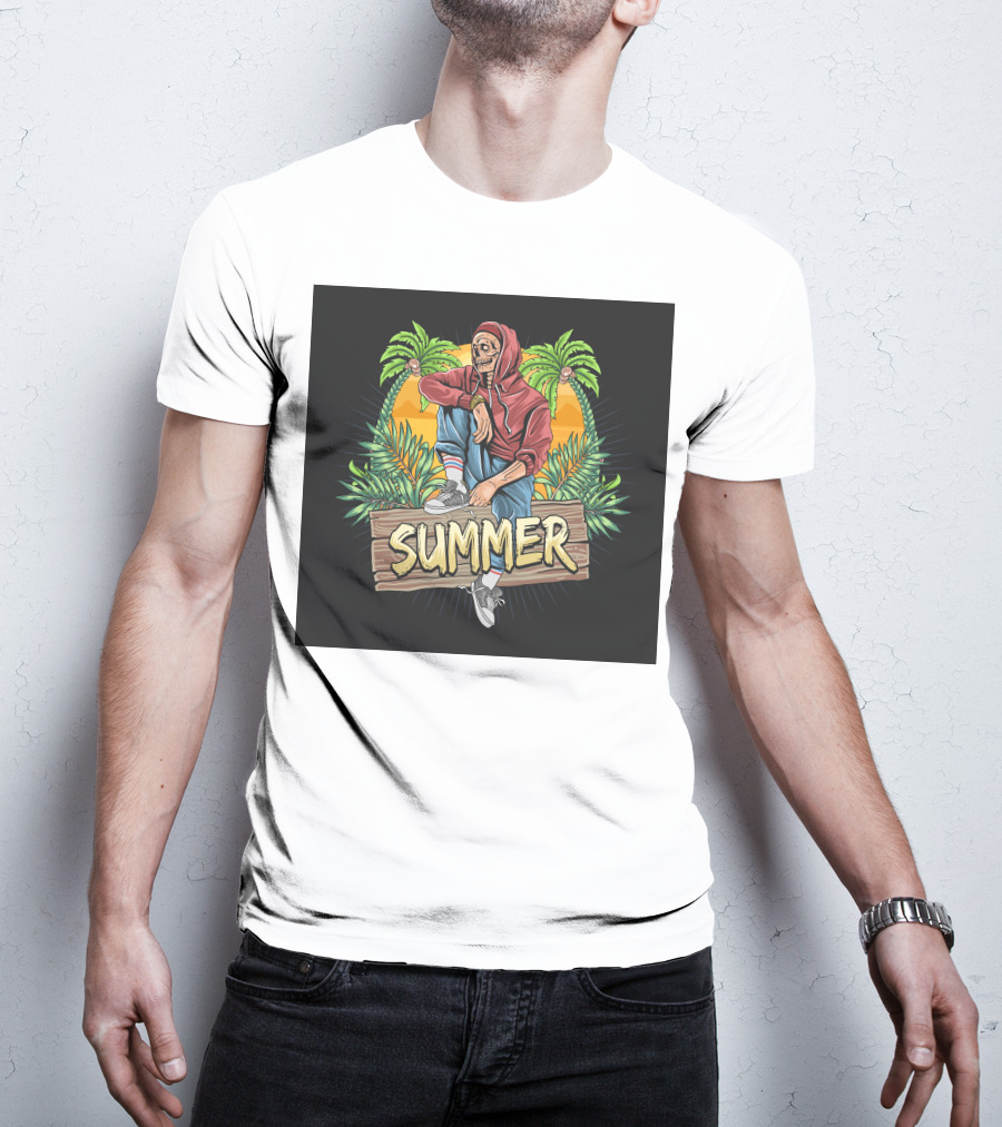 Skull Zombie Summer Tropical Vibes With Palm Trees And Sunset T-Shirt