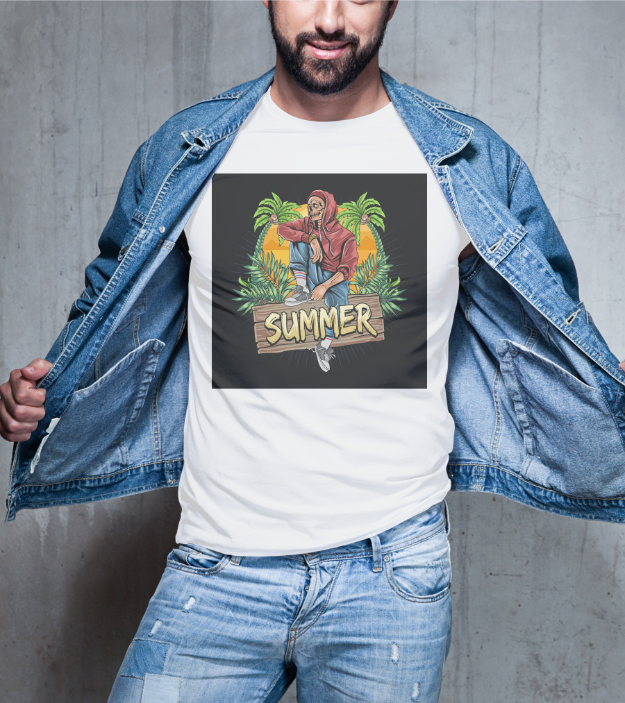 Skull Zombie Summer Tropical Vibes With Palm Trees And Sunset T-Shirt