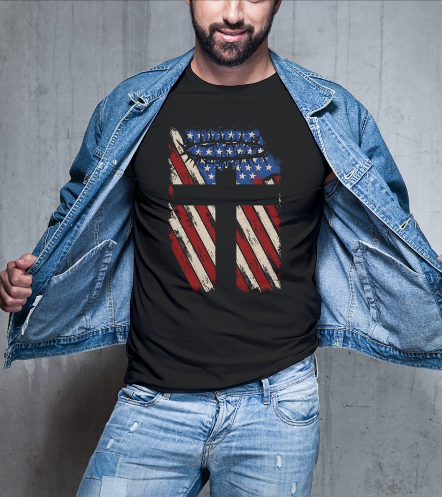 God Protect America American Flag Cross With Crown Of Thorns T-Shirt
