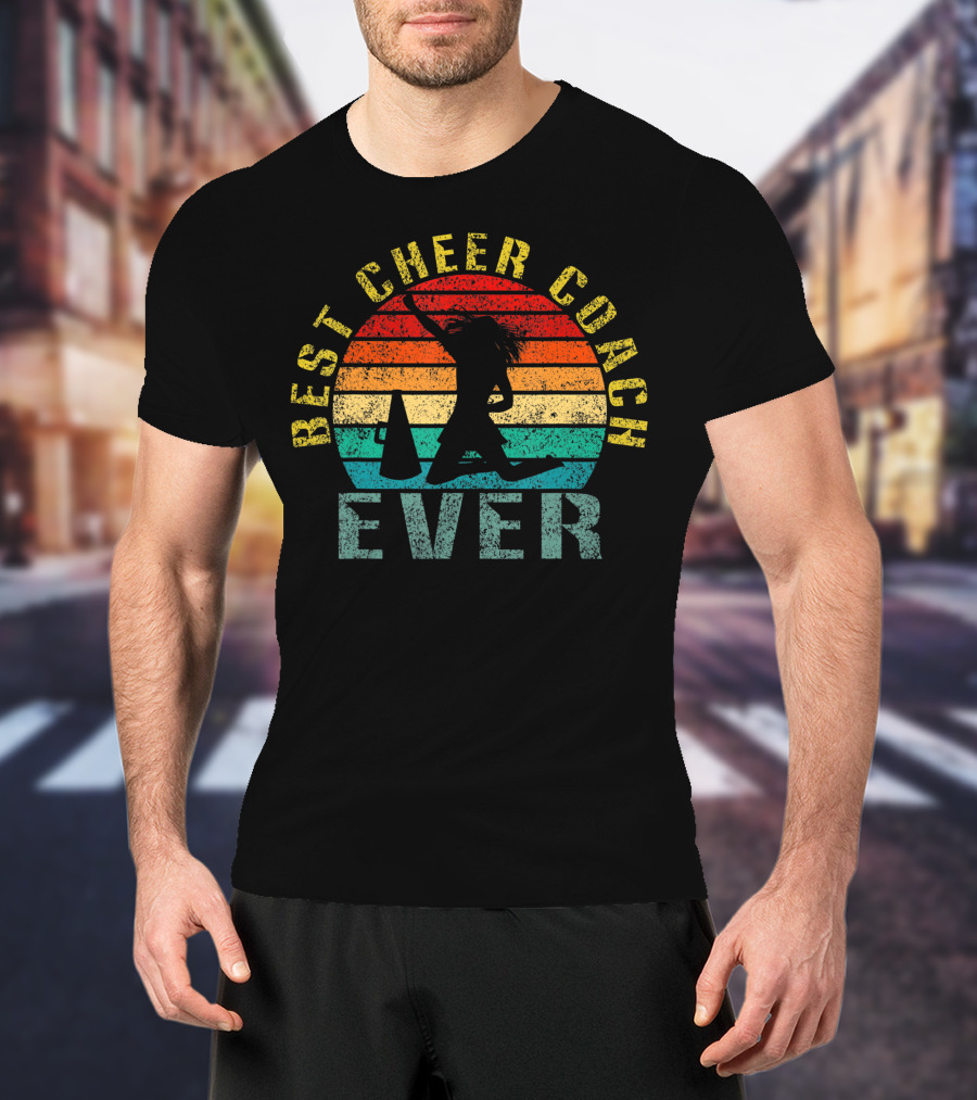 Best Cheer Coach Ever Vintage Silhouette With Megaphone And Sunset Stripes T-Shirt