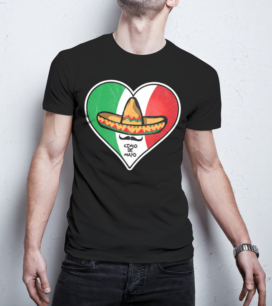 Cinco De Mayo Vintage Sombrero Heart Mexican Flag T-Shirt