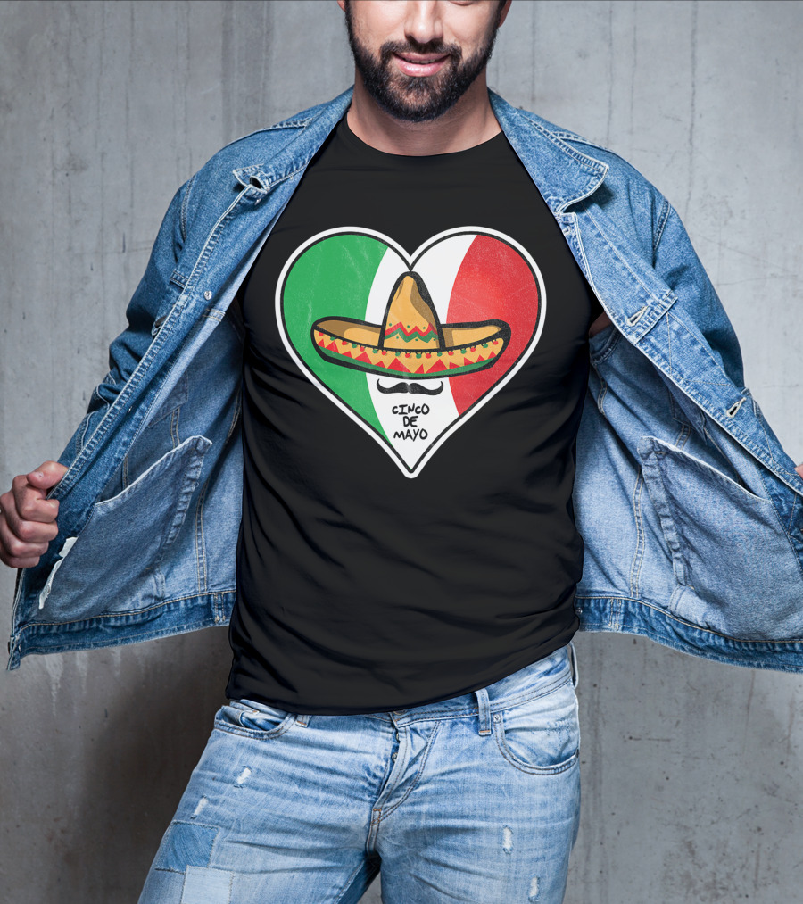 Cinco De Mayo Vintage Sombrero Heart Mexican Flag T-Shirt