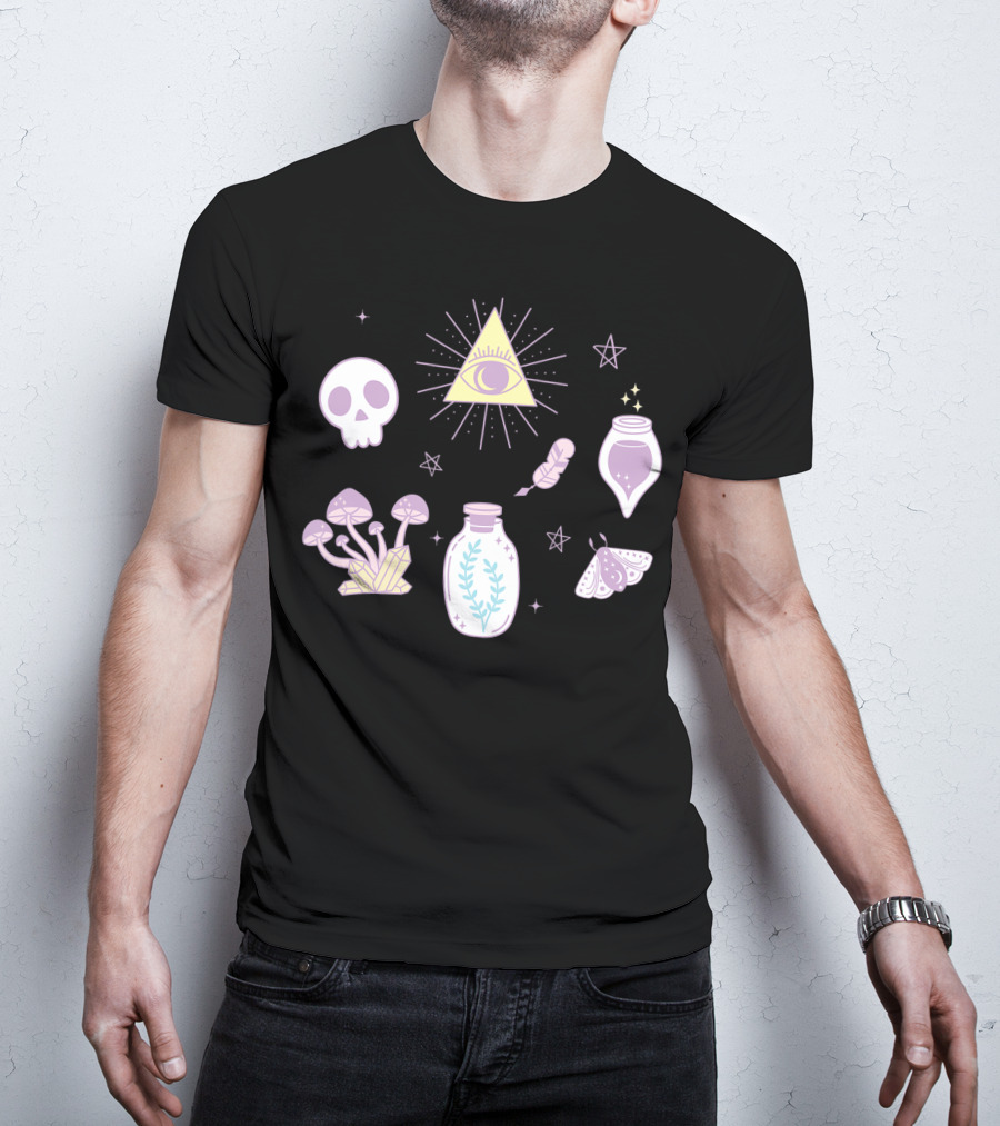 Cute Creepy Pastel Kawaii Goth Witch Aesthetic With Skull Pyramid Mushrooms And Potion Elements T-Shirt