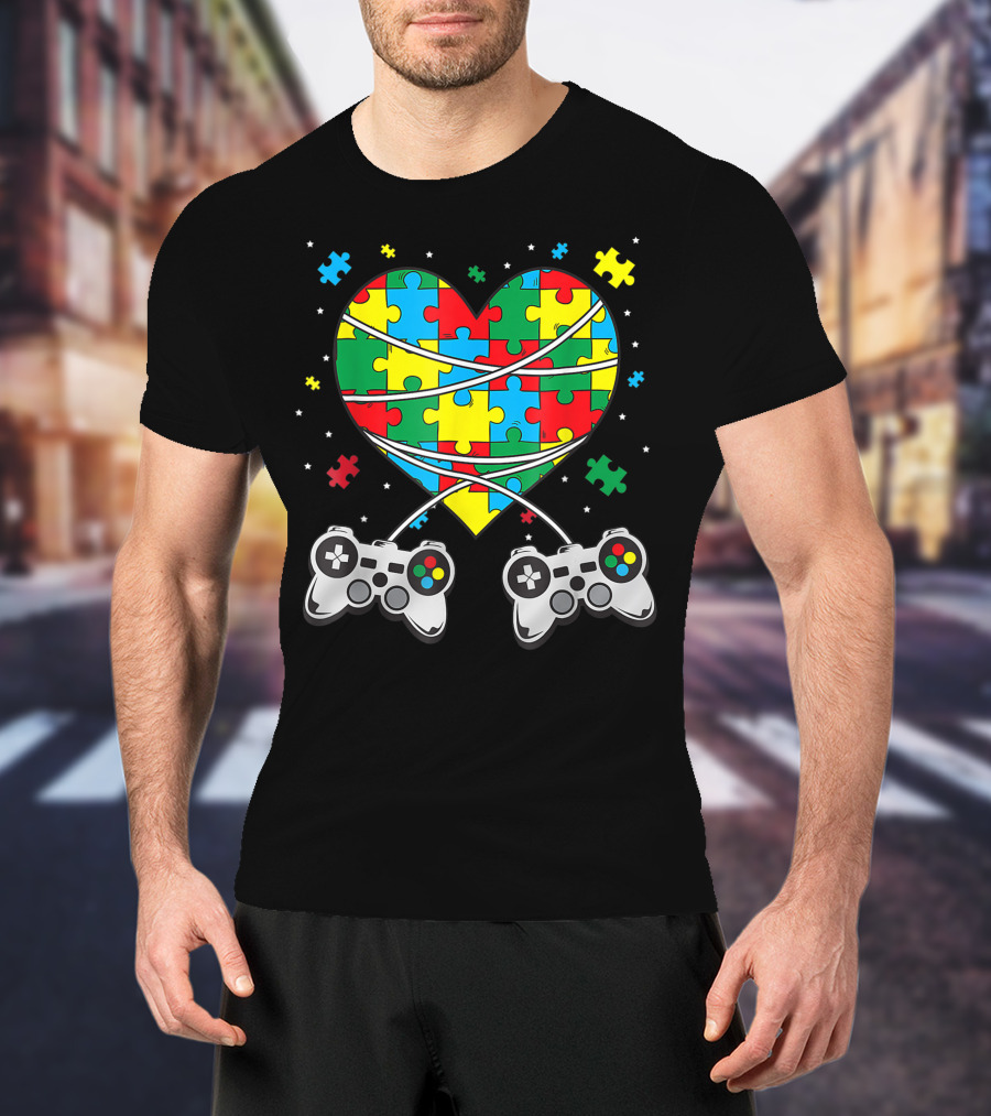 Boys Autism Awareness Month Puzzle Heart Video Game Controllers T-Shirt