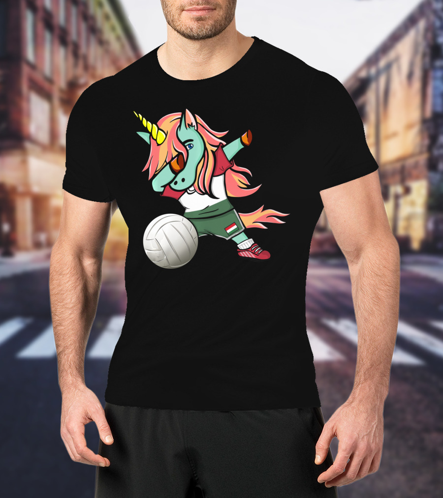 Dabbing Unicorn Hungarian Volleyball Lovers With Flag Jersey T-Shirt