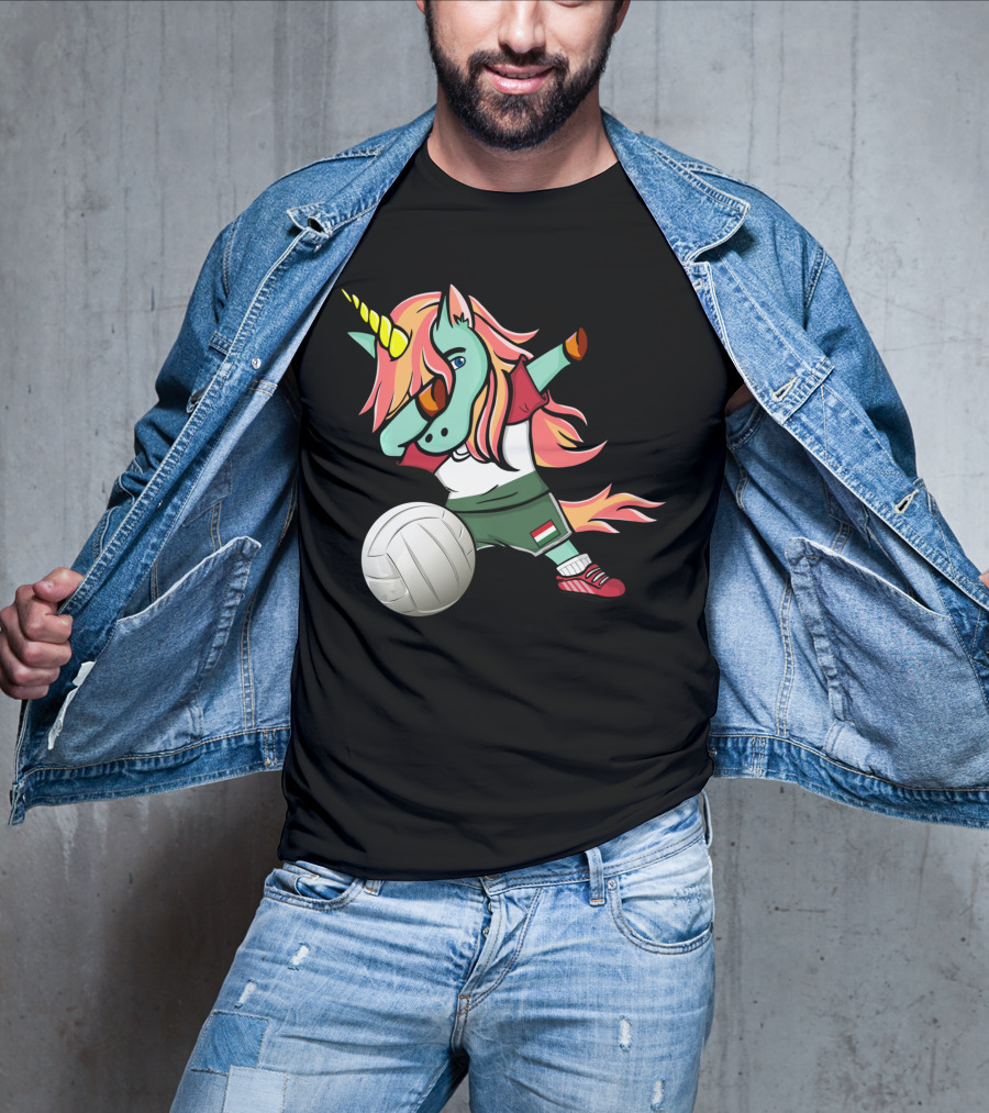 Dabbing Unicorn Hungarian Volleyball Lovers With Flag Jersey T-Shirt
