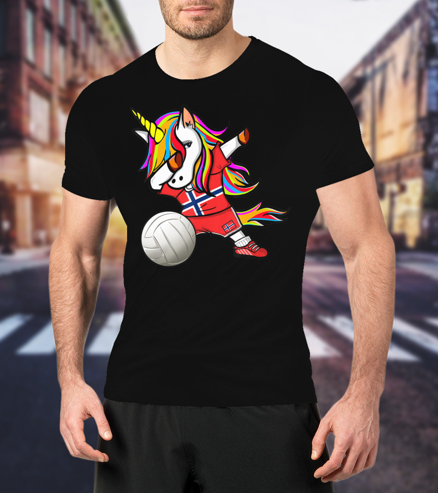 Dabbing Unicorn Norway Volleyball Fans Norwegian Flag Rainbow Jersey T-Shirt