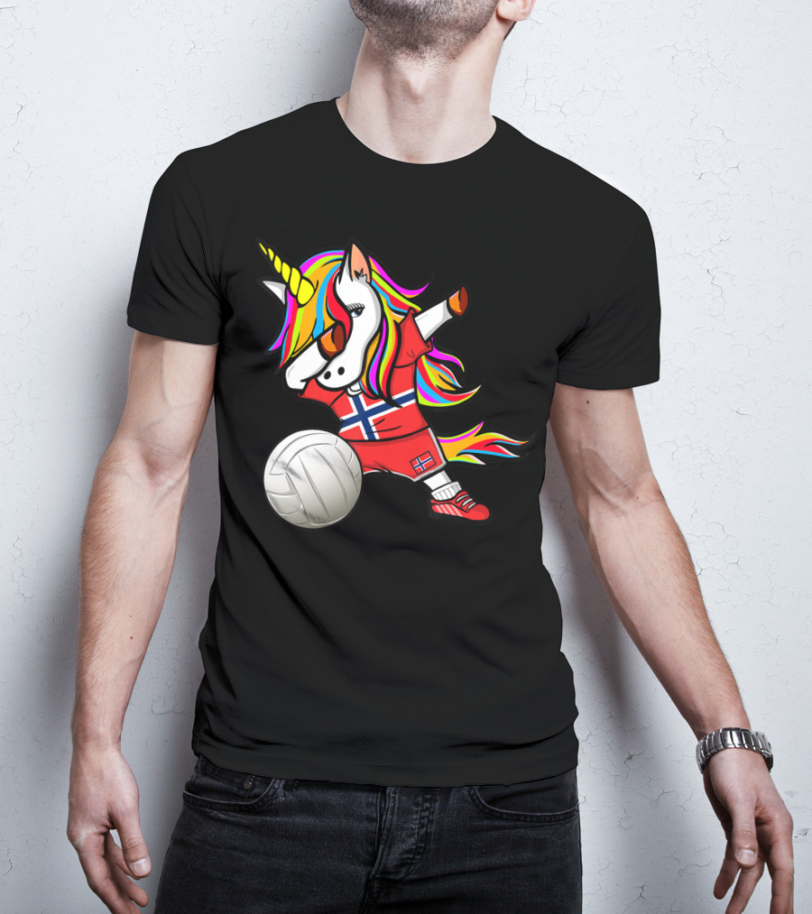 Dabbing Unicorn Norway Volleyball Fans Norwegian Flag Rainbow Jersey T-Shirt