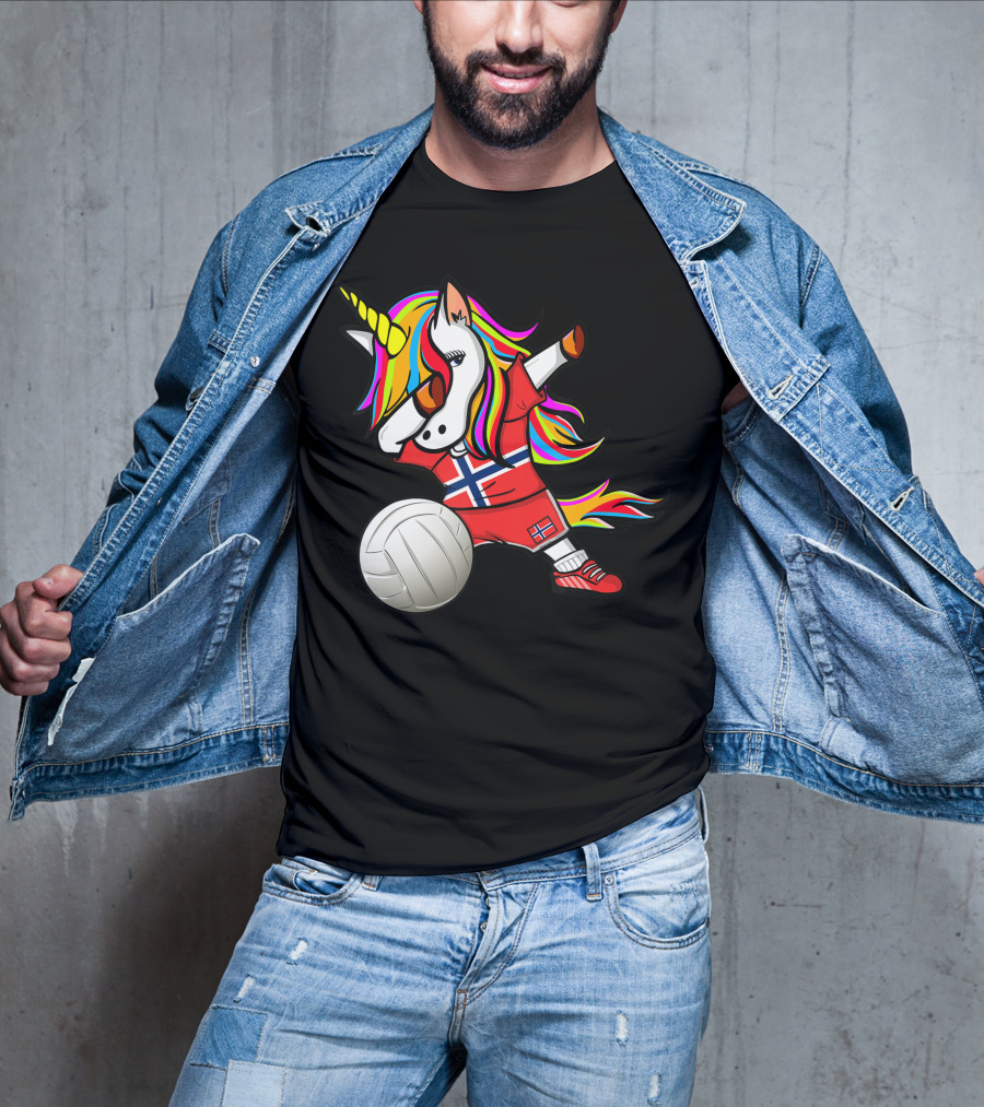 Dabbing Unicorn Norway Volleyball Fans Norwegian Flag Rainbow Jersey T-Shirt