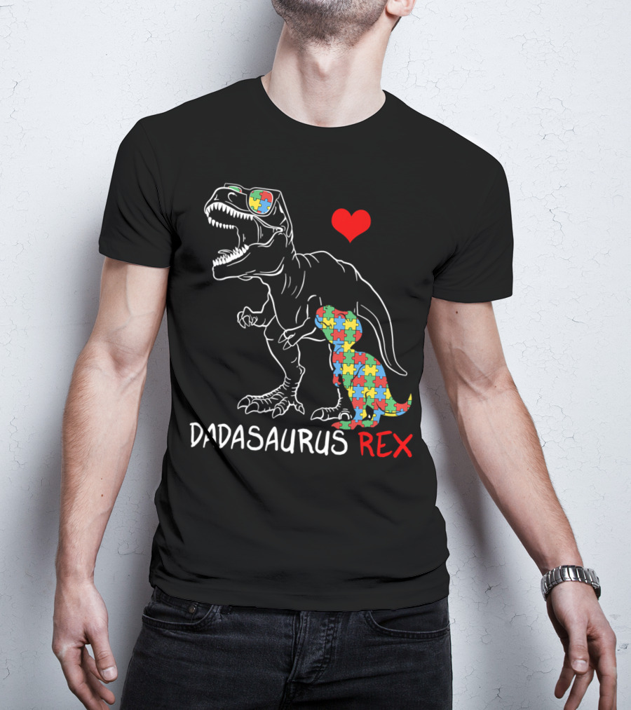 Dadasaurus Rex Heart Puzzle Autism Awareness Daddy T-Shirt