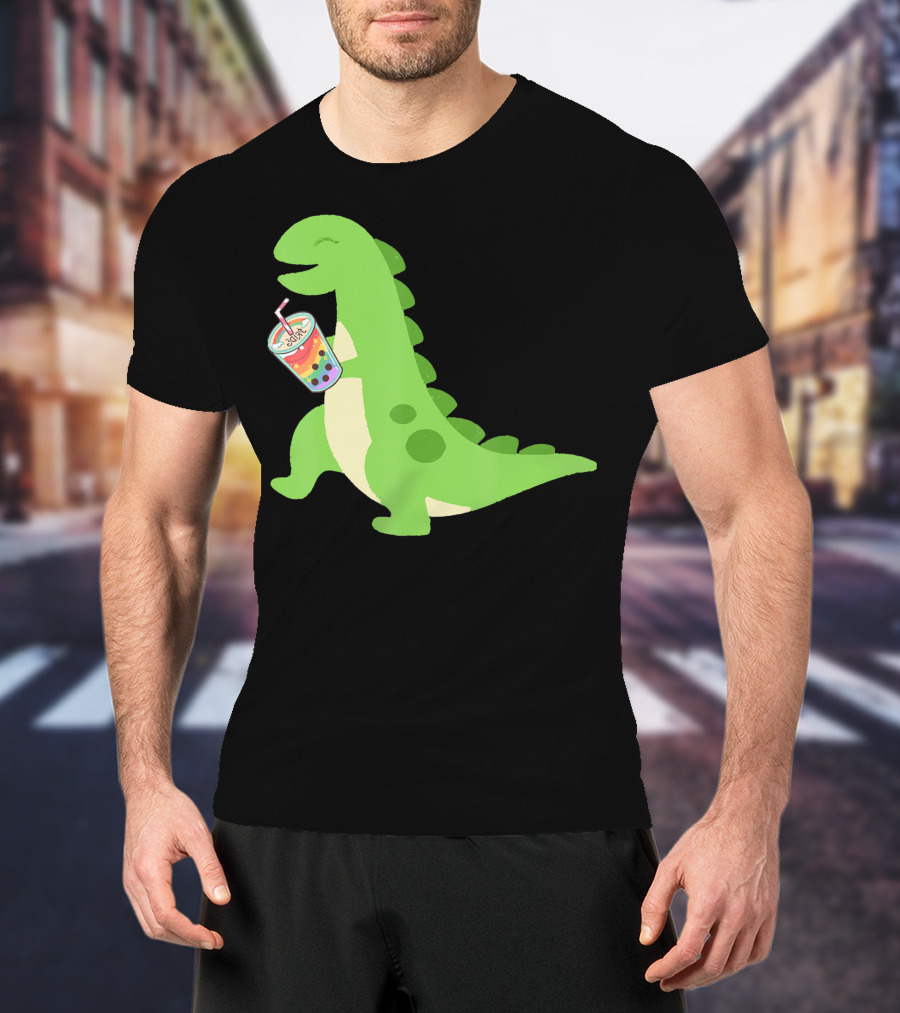 Dino Drinking Bubble Tea With Colorful Boba T-Shirt